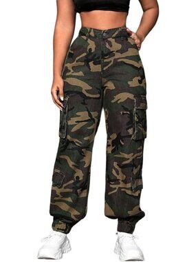 Stylish Women's Camo Cargo Jogger Pants for Hiking with Pockets - Tapered Fit